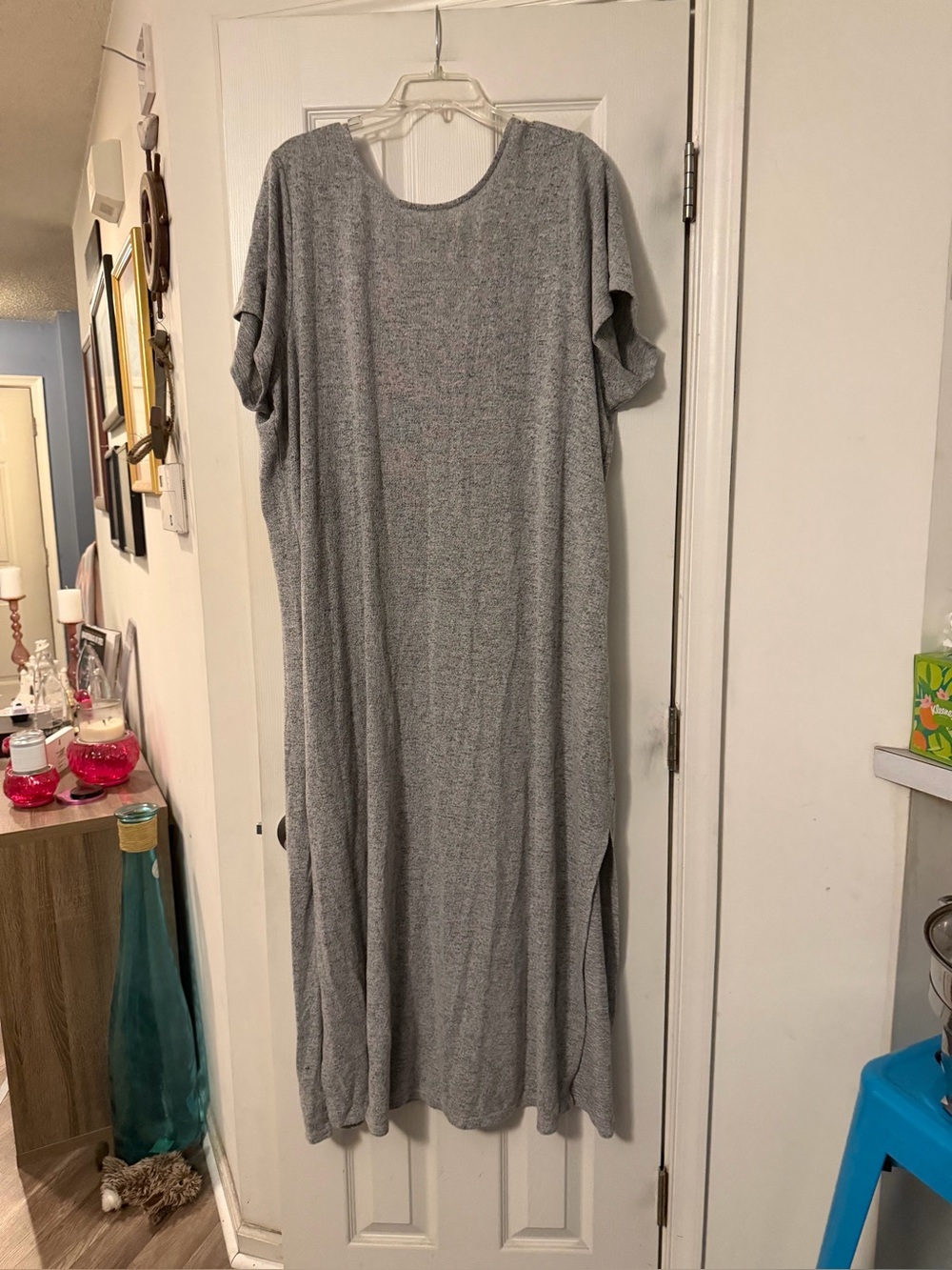 Women's Grey Short-Sleeve Maxi Nightgown with Side Slits
